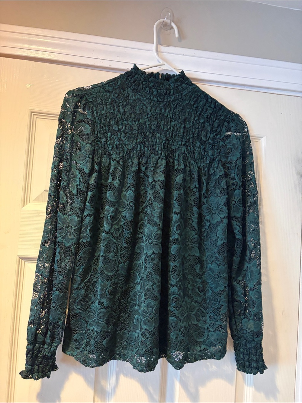 Cable & Gauge Teal Green Floral Lace Smocked High-Neck Blouse